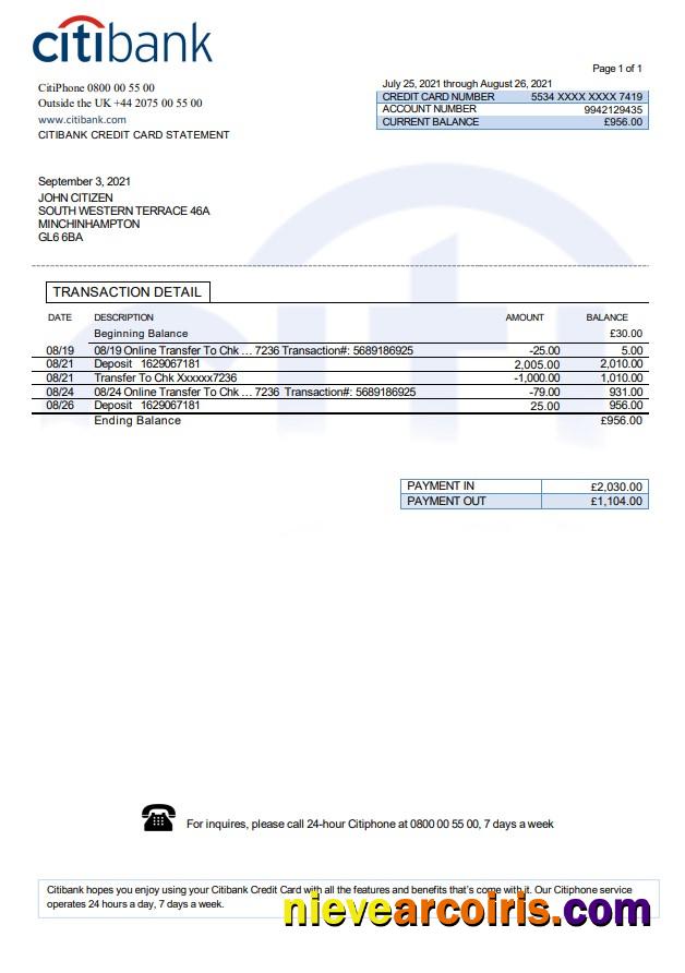 United Kingdom Citibank bank statement in .doc and .pdf format